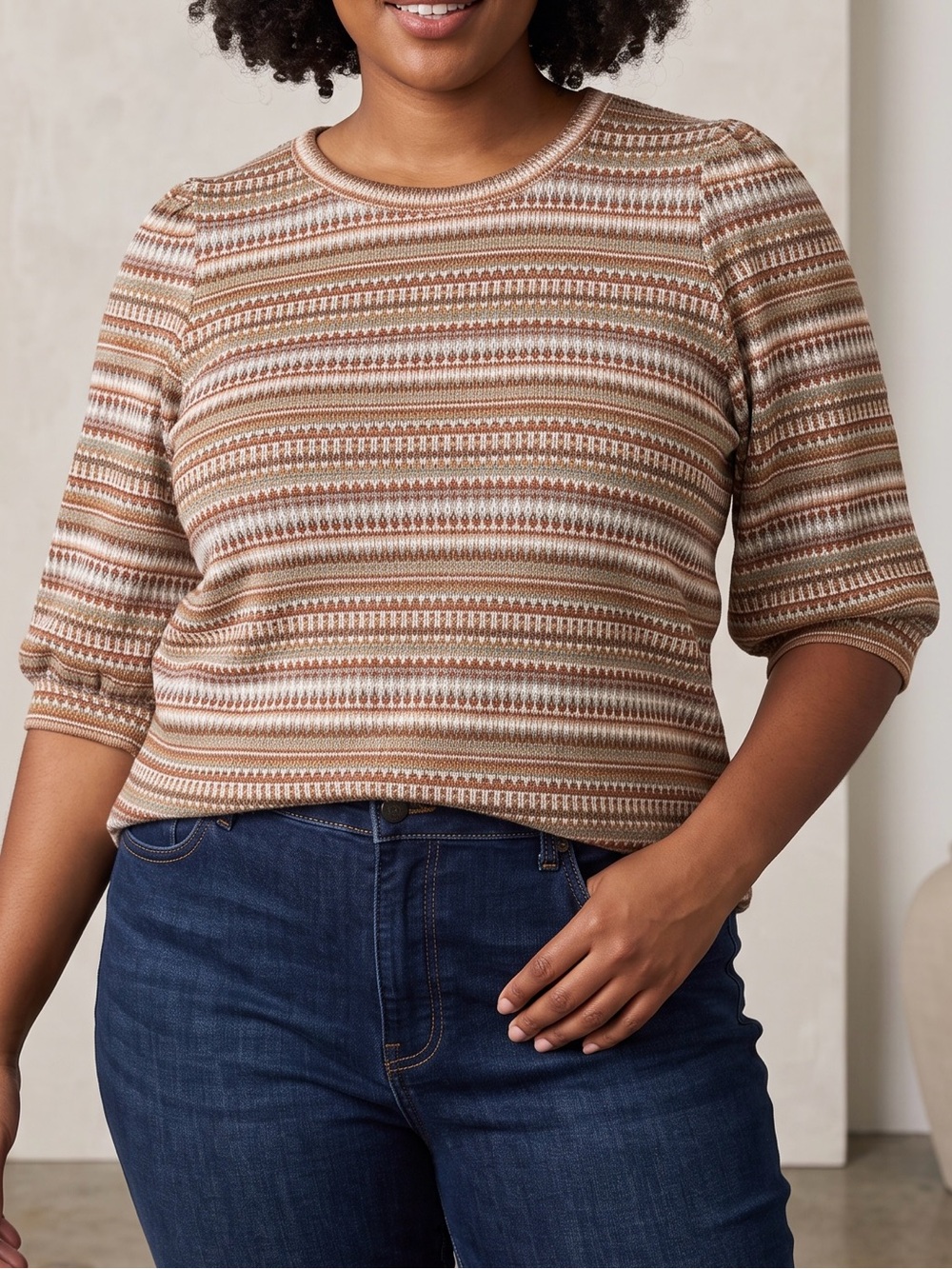 bobeau Brown and Cream Striped Knit Top